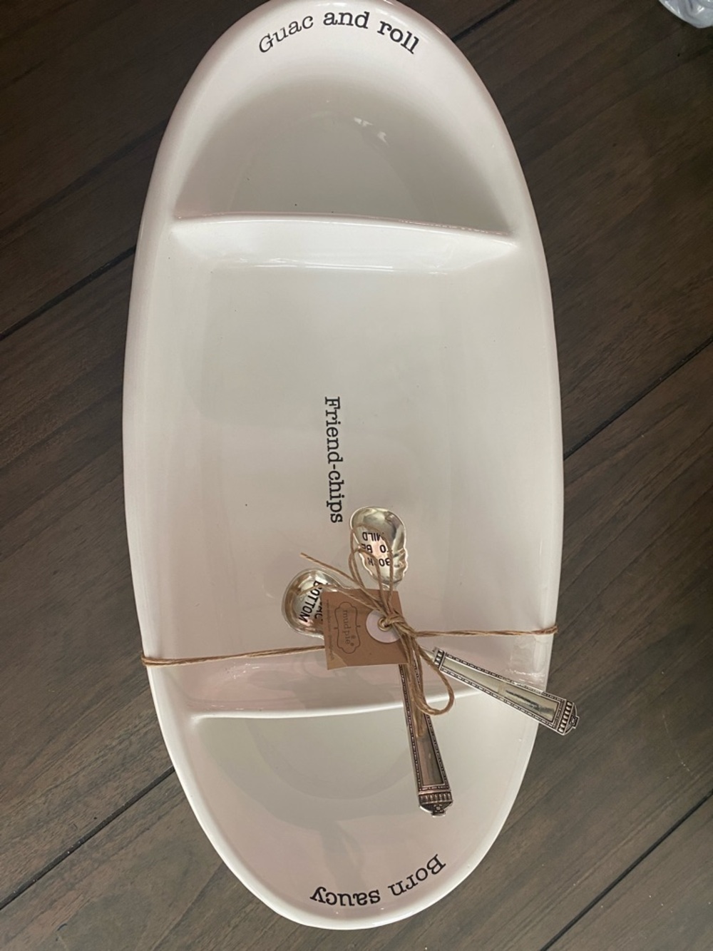 Mud Pie Cream Ceramic Divided Serving Platter - 'Guac and Roll' & Serving Spoons